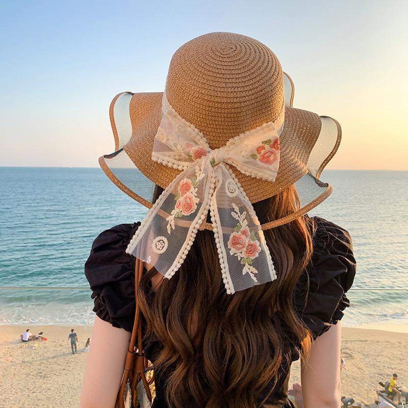 2024 Spring/Summer New Sun Hat with Ribbon Knot Decoration for Adult Straw Hat Sunscreen Beach Hat Elegant