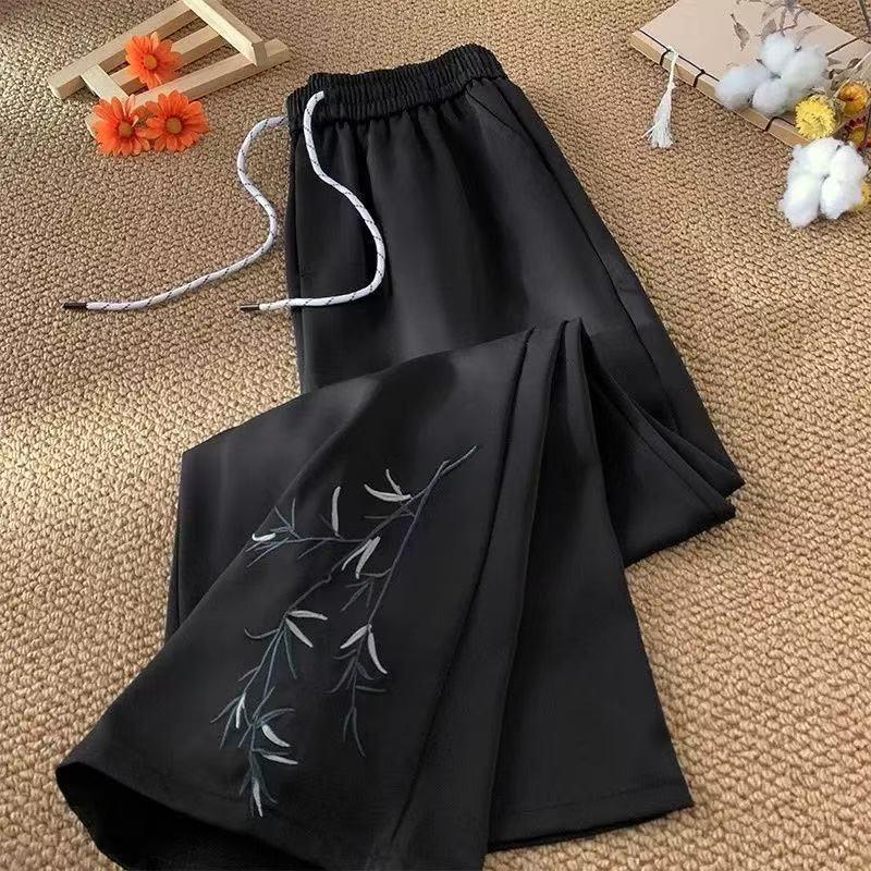 

New Chinese Style Bamboo Embroidered Wide-Leg Trousers - Spring/Summer Trendy Casual Pants S 70-80 lbs чорний