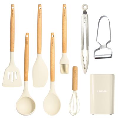 CAROTE Kitchen Tool Set of Silicone Cookware Shallow Tool High Heat Beige of 9, Set, Returner, Ladle, Tongs, Whisk, Spatula, Brush, Spoon, Peeler,
