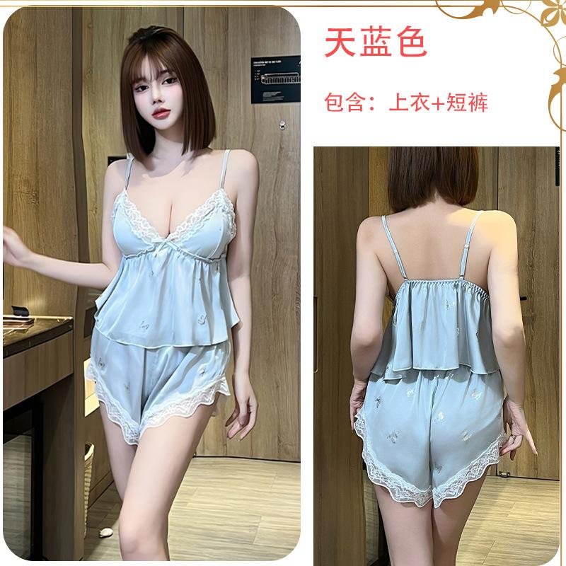 

Sexy pure desire V-neck ice silk suspender lace lace bow pajamas women s chest pad pajamas loungewear One size fits all