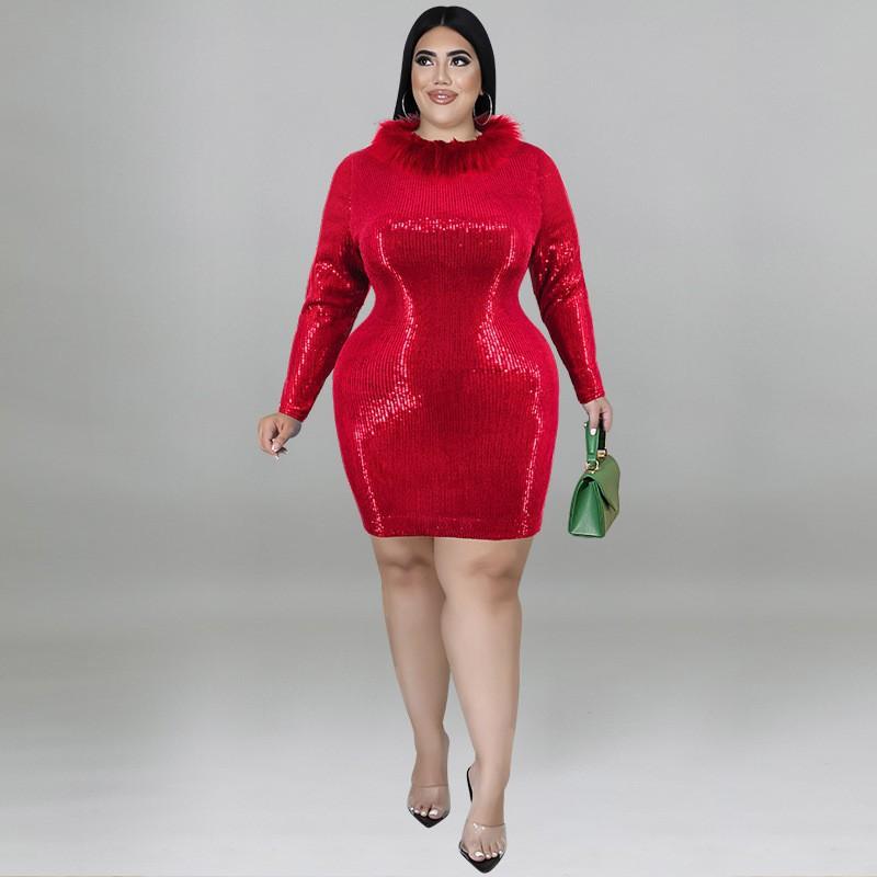 Plus Size Womens Velvet Dress With Faux Fur Collar Embellished Sequins Streetwear Long Sleeve Short Skirt Fashion