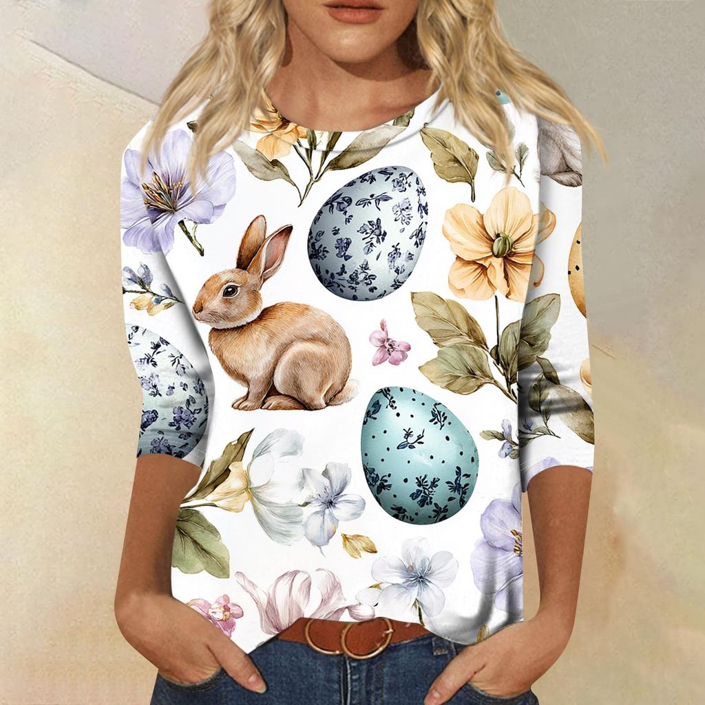 Top da donna casual con stampa di elementi pasquali, girocollo