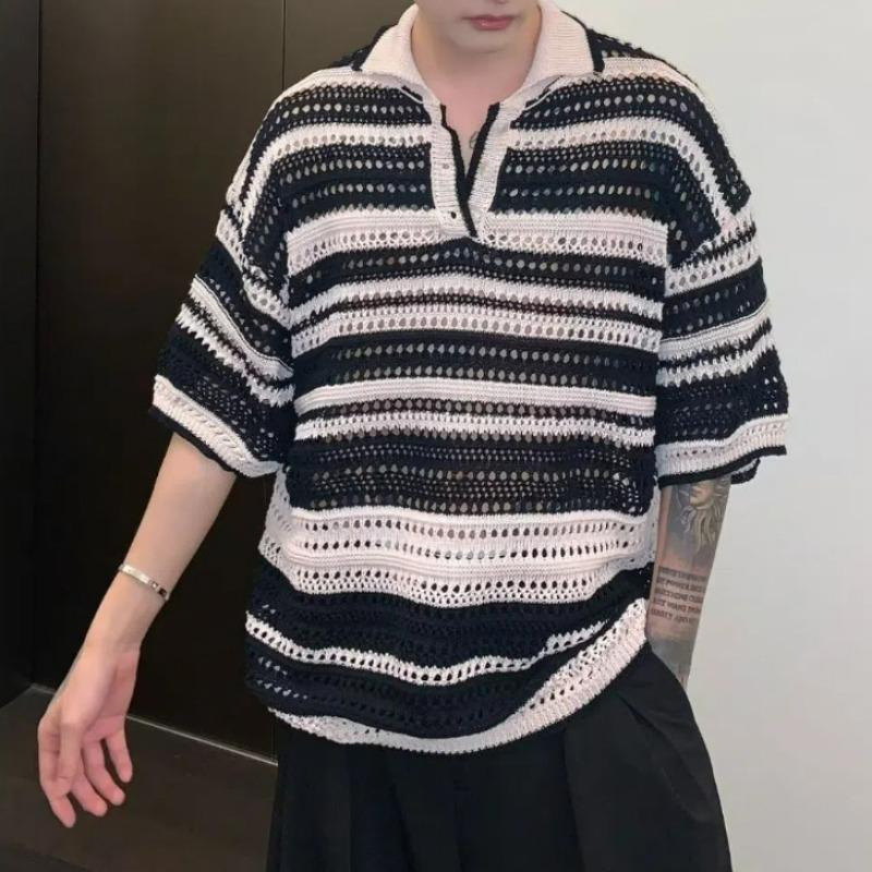 Men Summer Fashion Vintage Rainbow Striped Hollow Polo Collar Knitted T Shirt Casual Streetwear Short Sleeve Loose Pullover Tops