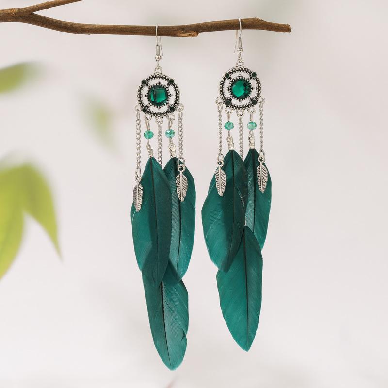 New Vintage Round Rhinestone Feather Earrings for Women Ethnic Elegant Long Drop Earring Wedding Vacation Female Jewelry