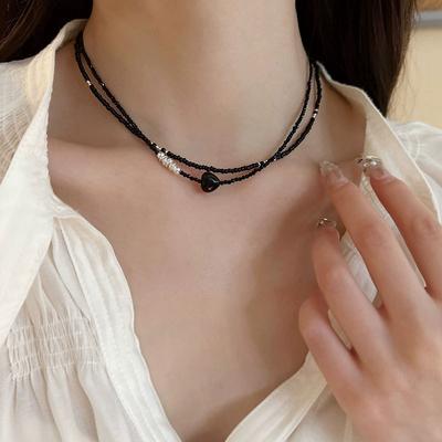 Colar empilhável com contas pretas, gargantilha Spice Girl, personalidade, temperamento, versátil, corrente de pescoço, corrente de clavícula