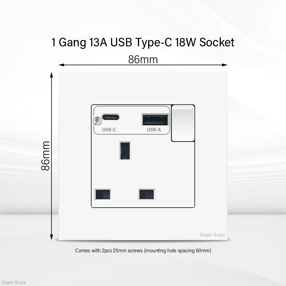 UK 13A Wall Socket with USB Type C 18W Quick Charge Power Outlet,Universal Electrical  Wall Light Switch Dual 3-pin Socket 220V
