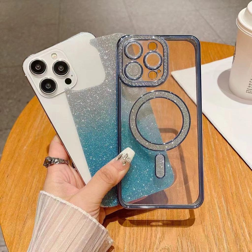 Rhinestone Flash Powder Magnetic Suction for IPhone16proMax Gradient Phone Case Apple 15 All-inclusive Mirror 14 Protection Case
