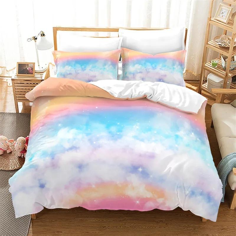 Rainbow Duvet Cover Twin Queen Kawaii Clouds Star Dream Castle Print Comforter Cover Microfiber Cartoon Bedding Set For Boy Girl