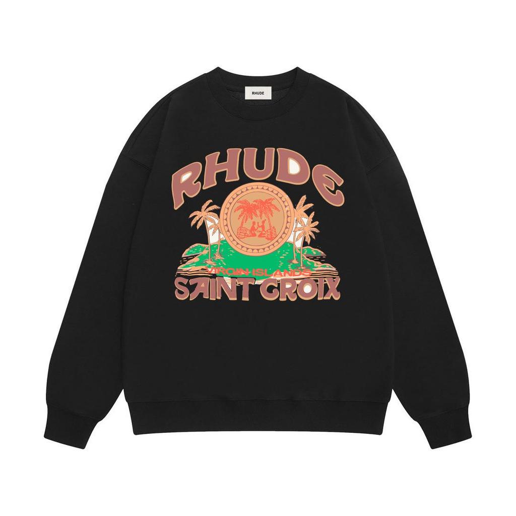 New Men's RHUDE Letter Print Loose Terry Round Neck Hoodie