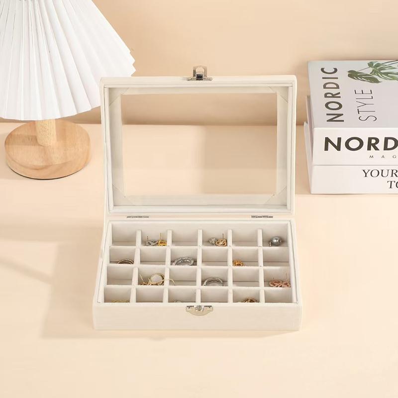 

Прозоре вікно Велика місткість 24 відділення Коробка для зберігання прикрас, Проста та висококласна Коробка-дисплей для зберігання кілець, намиста, прикрас бежевий
