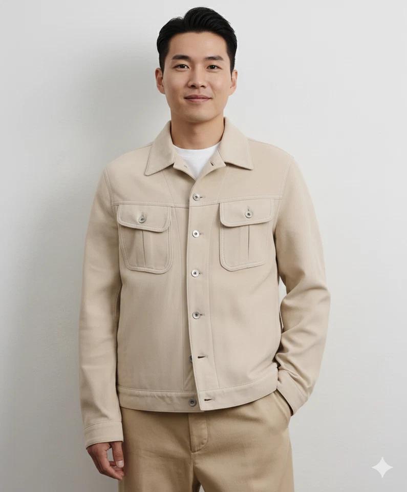 

Handmade Trucker Beige Stylish Suede Lambskin Leather Causal Men Genuine Jacket 3XL бежевий