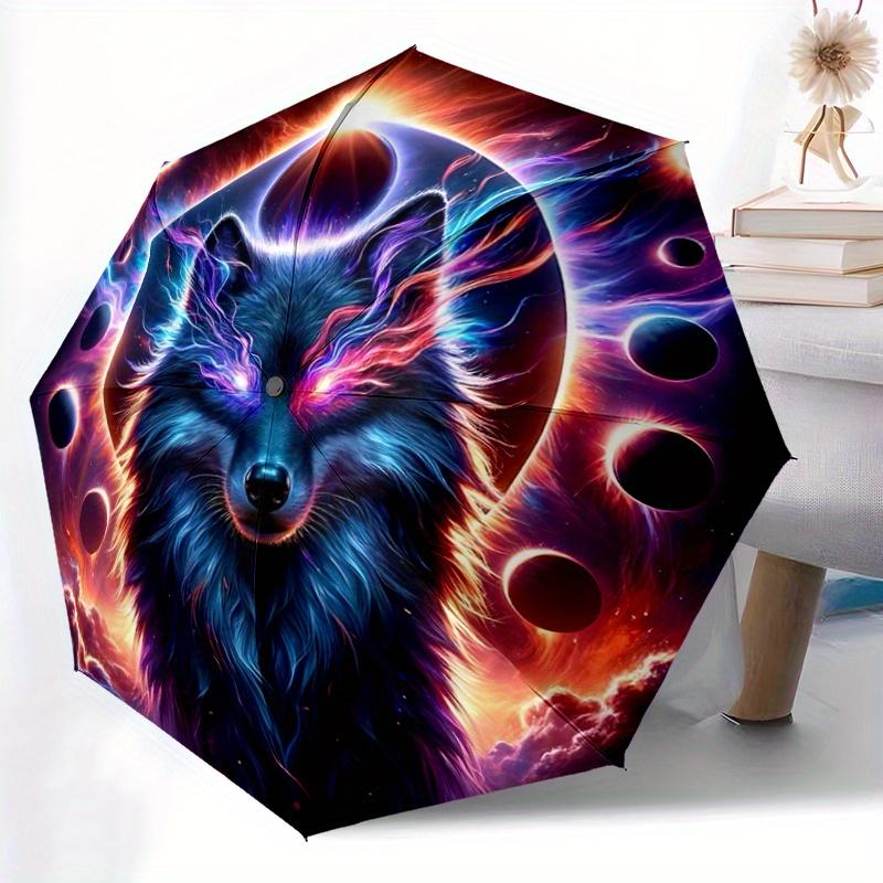 1pc Enchanted Celestial Wolf Pattern Beautiful Looking Automatic Folding Umbrella, 3 Folding, 8 Iron Frame Design, Durable and Suitable for Trave