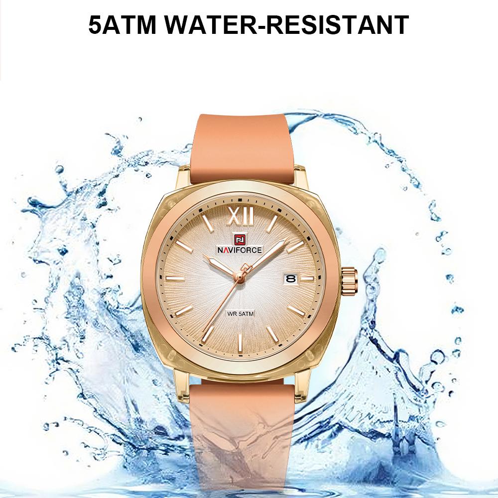 NAVIFORCE Original Calendar Watch for Women Quartz Movement Round Dial Luminous Hands Waterproof Silicone Strap Lady Light Watch NF6111
