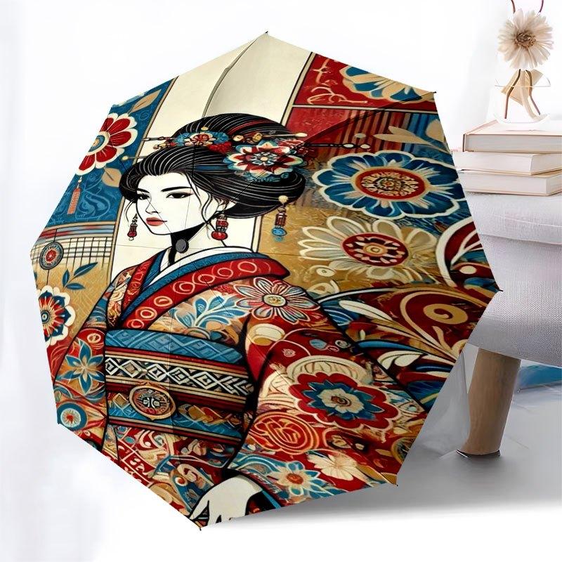 Japanese Geisha Art Print: Traditional Beauty in Vibrant ColorsUmbrella with Cute Design,Portable 3-Fold Compact Umbrella for Men&Women,Vale