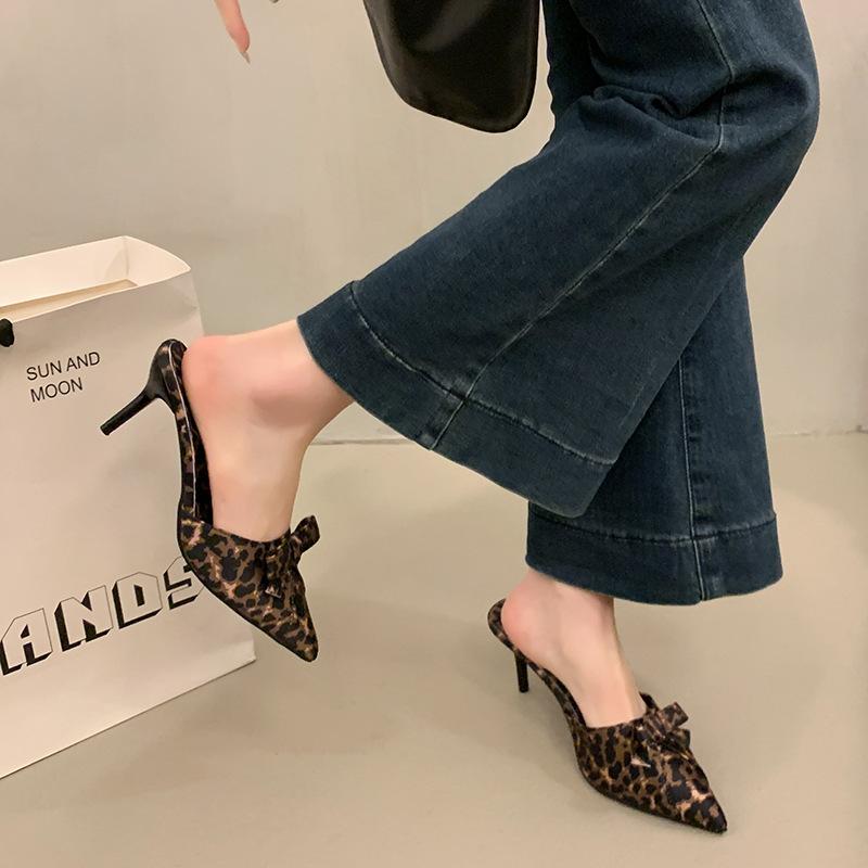 Large size women's shoes leopard print bag head half slippers women's summer wear bow tip stiletto high heels
