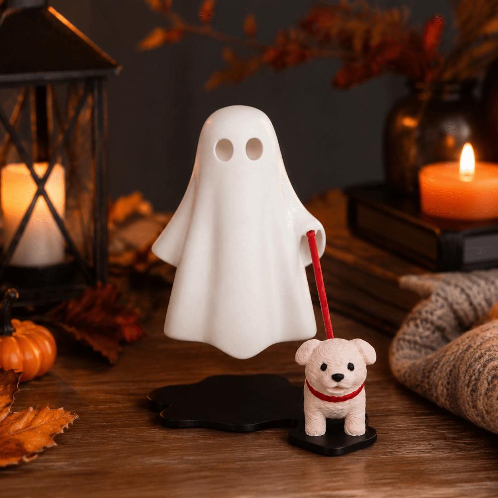 3D Printed Dog-Walking Ghost Decor Ornaments Creative Halloween Decorations Cute Funny Ghost Figurine Holiday Party Scenes