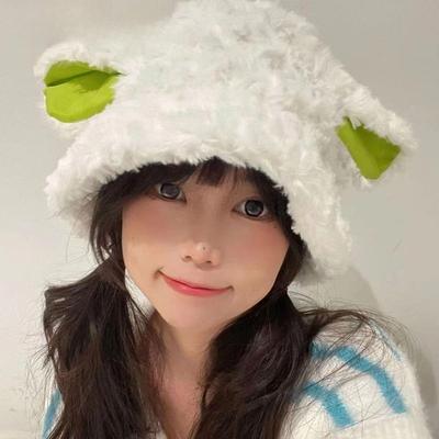 Autumn and Winter New Green-eared Lamb Bucket Hat Women's Warm Plush Cute Hat Sweet Fashion Plush Hat