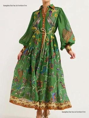 Spring Women's European & American Style Printed Lantern Sleeve Maxi Dress