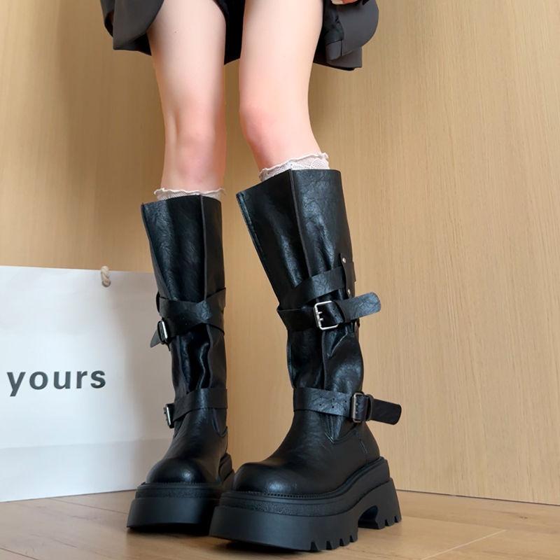 Maillard Small Belt Buckle Boots Women's Autumn and Winter New Thin Western Boots Straight Long Knight Boots