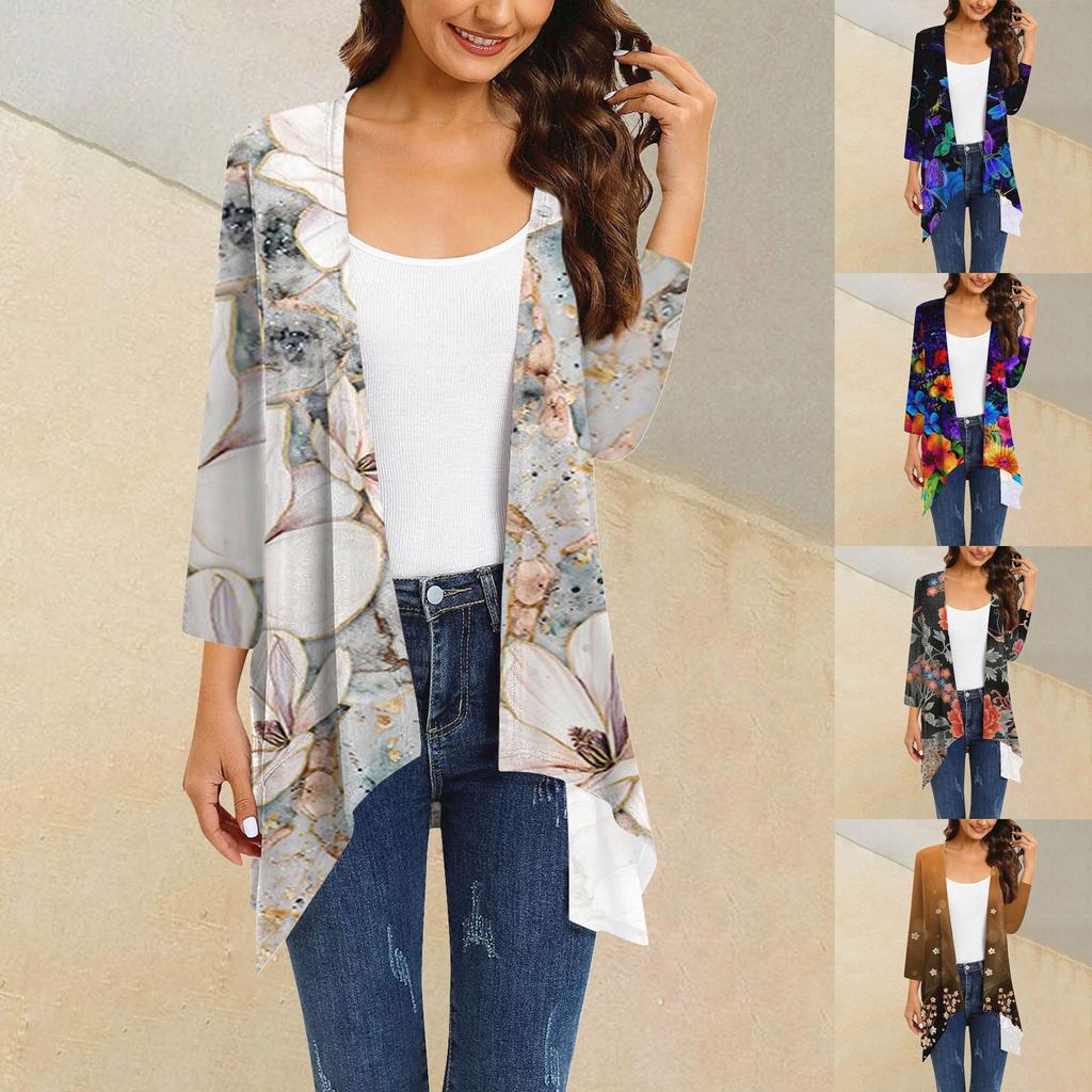 Women's Floral Print Irregular 3/4 Length Sleeve  Cardigan Jacket With Pockets Casual Cover Up