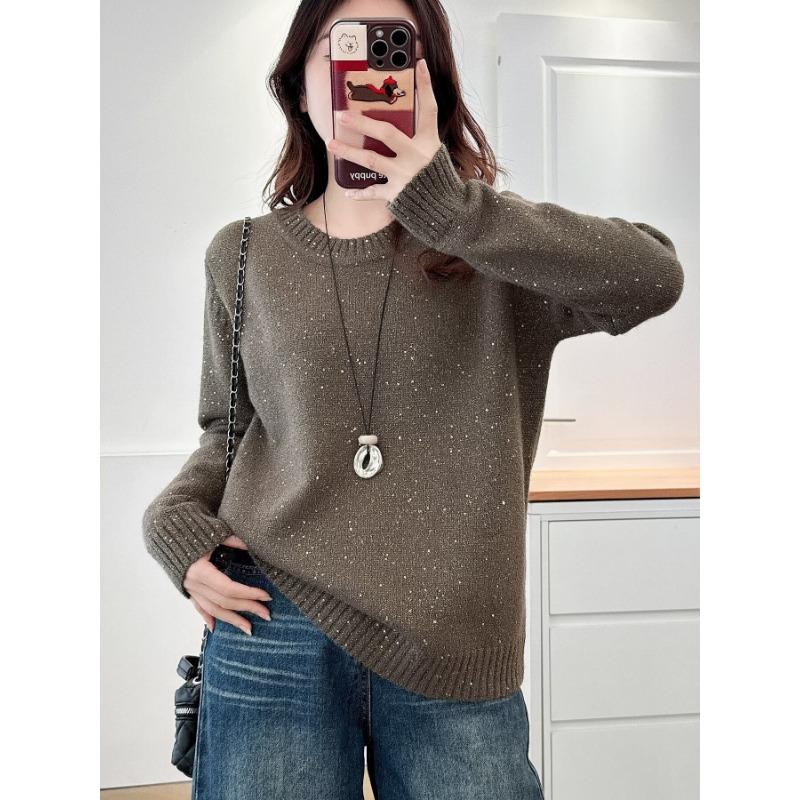 Plus Size Women Long Sleeve Sequin Crew Neck Pullover Winter Bottoming Sweater