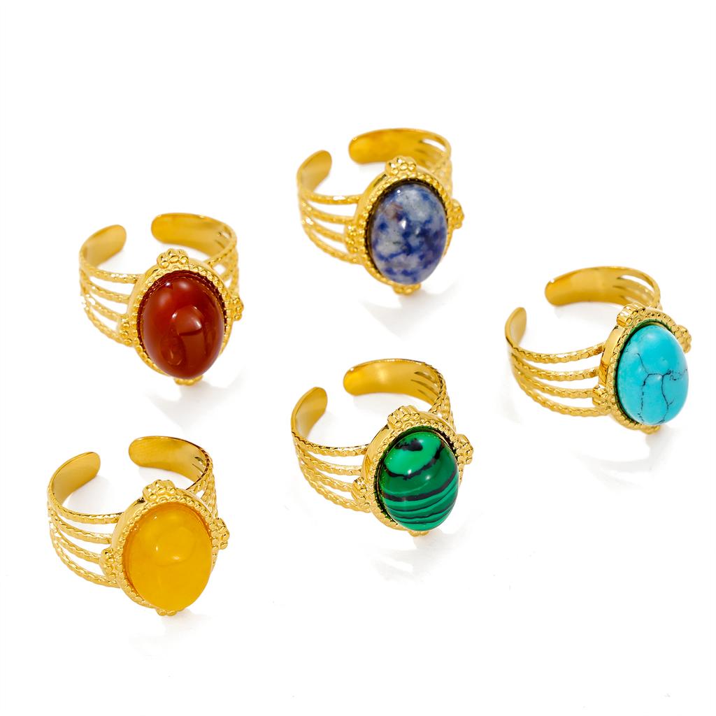 CARLIDANA Exquisite Colorful Rings Gold Plated Open Rings Stainless Steel Natural Red Turquoise Stones for Women Jewelry
