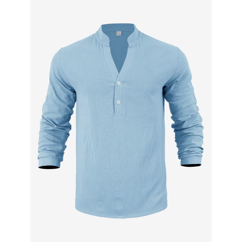 Men S Linen Blend Solid Color Long Sleeve Stand Collar Casual Shirt