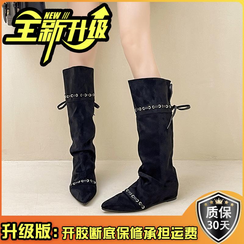 Retro Suede Lace-up Splicing Stacking Boots Women's Autumn and Winter Design Sense Pointed Buckle Metal Buckle Western Boots Knight Boots
