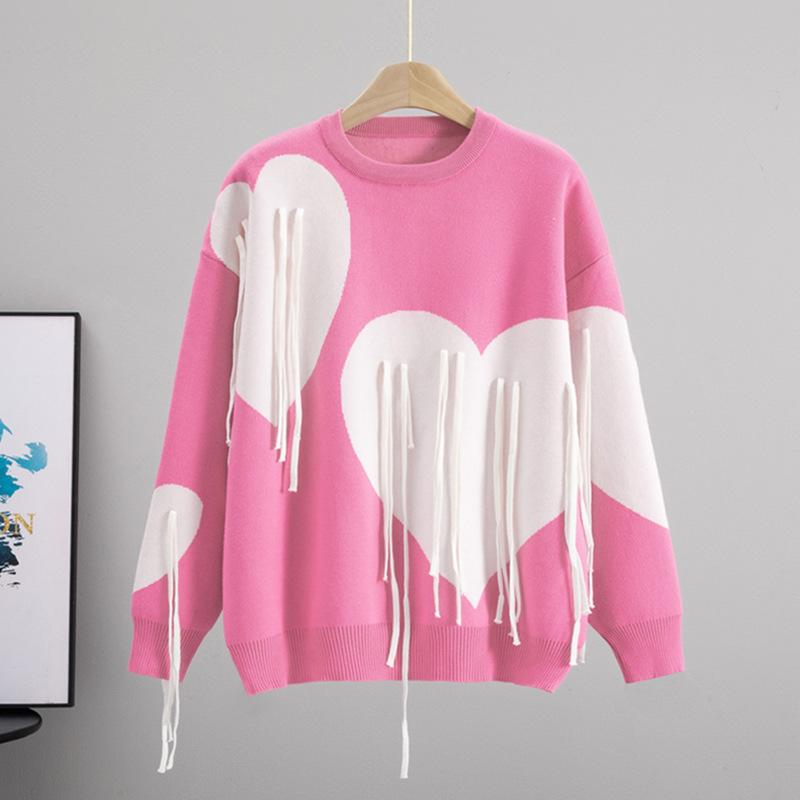 Soft Waxy Sweater Women's Autumn and Winter Soft Round Neck Fringed Love Loose Lazy Style Fashion Knitted Sweater Top Tide
