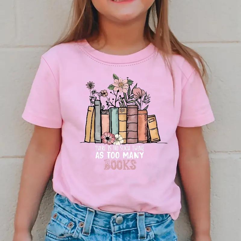 Girls' Casual Book-themed Long Plant-printed Pattern T-shirt for Summer, Fashionable Short-sleeved Children's T-shirt