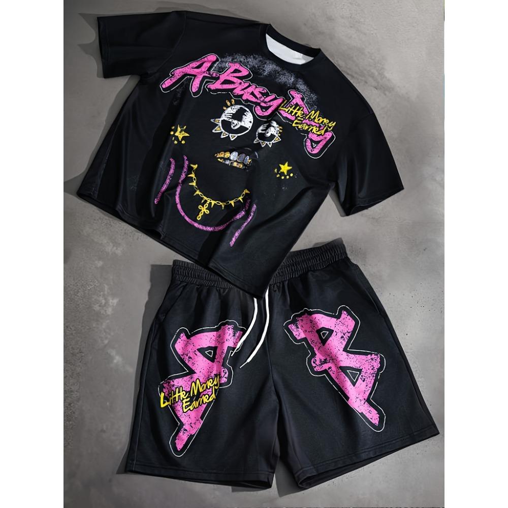 Summer Men s Personalized Graffiti Printed Comfortable Breathable Round Neck T-shirt Shorts Set Outdoor High Street Clothing S