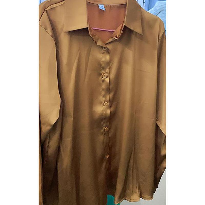 Mote Uformelt kontor Dame satengskjorte Løse lange ermede topper Solid Plus Size Damebluser Elegant Button Up Vintage Enkle Dameskjorter 25678