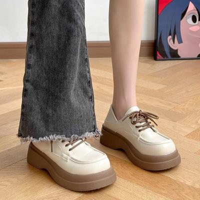 Size 35-43, Large Size British Style Small Leather Shoes Women's 41 Retro Big Head Shoes Muffin Platform Lace-up Student Single Shoes 42