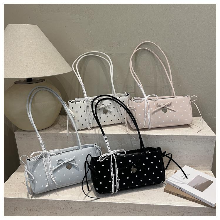 Gepunktete Spitzenrippen-Schulter-Achseltaschen für Damen Süße Schleifen-Mädchen-Kissenbeutel Einfache Vielseitige Tragbare Damen-Handtaschen