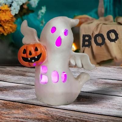 Dekoracja Halloween Świecąca Figurka Ducha Dyni Wiedźmy Księżyca Straszna Świecąca Żywiczna Statuetka Ozdoba na Stół do Salonu Kuchni Dekoracja Domu