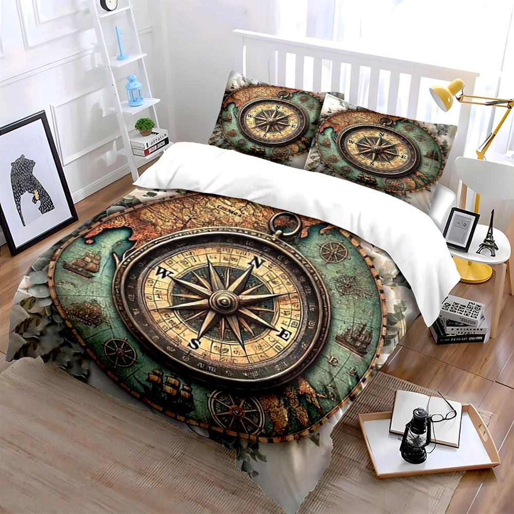 Vintage Compass and Map Bedding Set Bedding Set (1 Duvet Cover, 2 Pillowcases, Duvet Not Included)