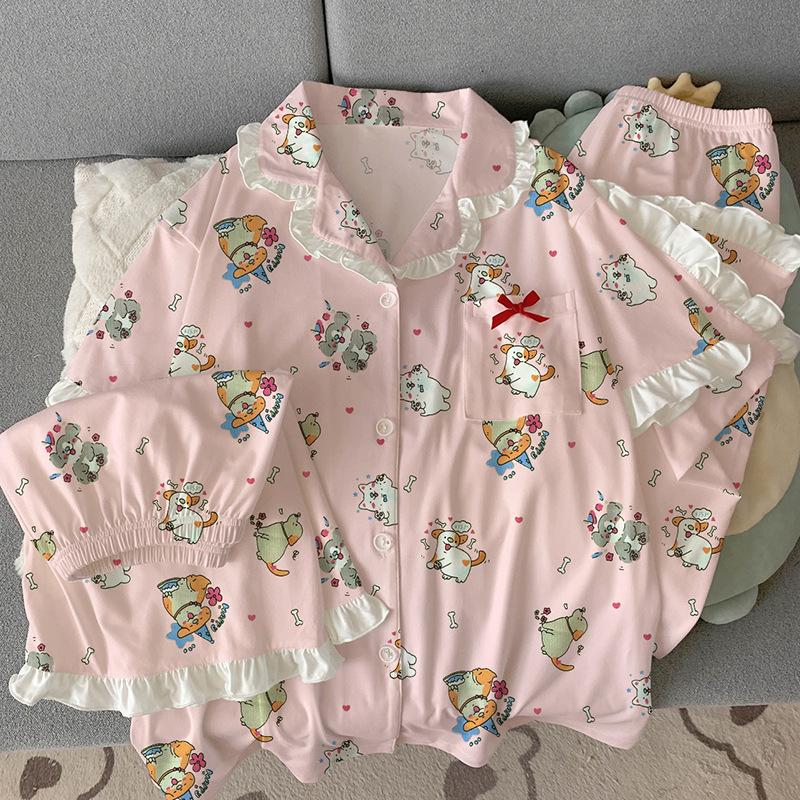 

милый мультяшный стиль щенка, милый, забавный, повседневный, домашняя одежда, пижама из имитации хлопка, женский летний комплект из трех предметов с коротким рукавом 2XL [Recommended 135-75kg]