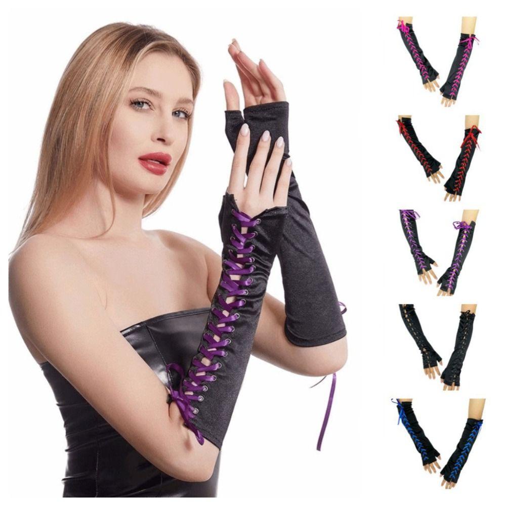 Sweet Long Ribbon Gloves Lolita Elastic Half Finger Gloves Elbow Long Cloth Women Gloves Prom Dress