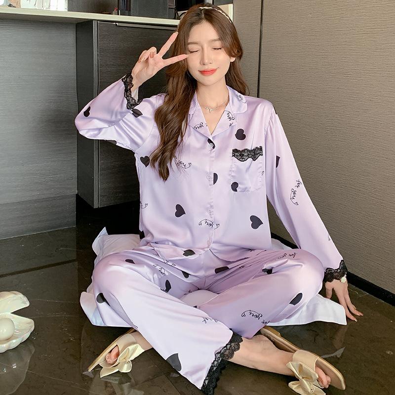 

Женская домашняя одежда из 2 предметов Ice Silk на весну и осень, пижамный комплект с длинными рукавами и длинными брюками, милая и милая домашняя одежда с принтом XL фиолетовый