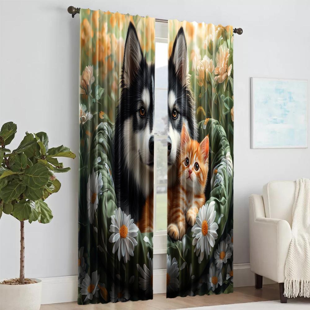 2 Pcs   Versatile Polyester Transparent Curtains for Home Decoration Cute Dog with Cat for Use In Bedrooms and Living Rooms