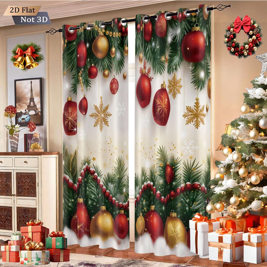 Color Christmas Ball Printed Perforated Curtains Insulation Multi Size Living Room Bedroom Holiday Decoration Set Of 2 Made Polyester Decor
