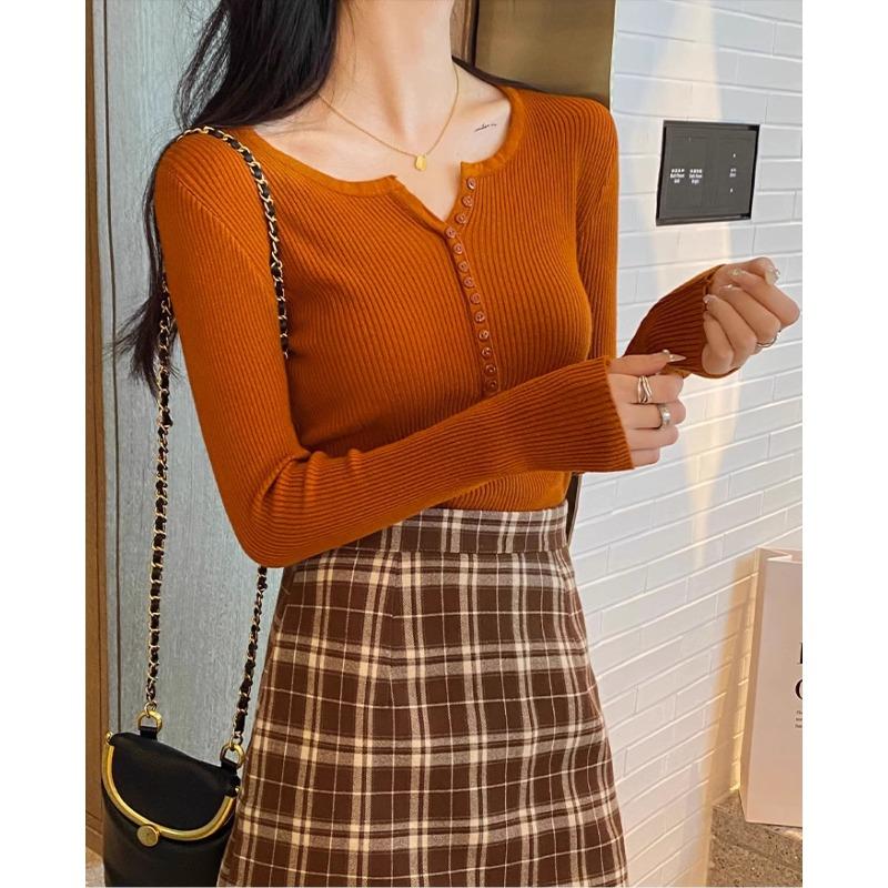 Spring Autumn Knitted V-neck Long Sleeve Slim Jumper Tops Women Sweater Pullover Solid Button Ladies Casual Shirts Soft Sweaters