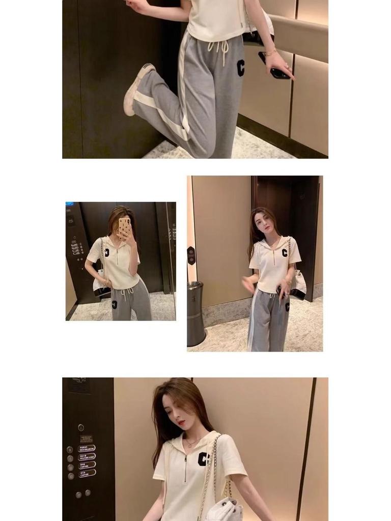 Women's Casual Summer Two-Piece Set: Wide-Leg Pants & Short Hooded Top - Plus Size, Loose, Trendy Style