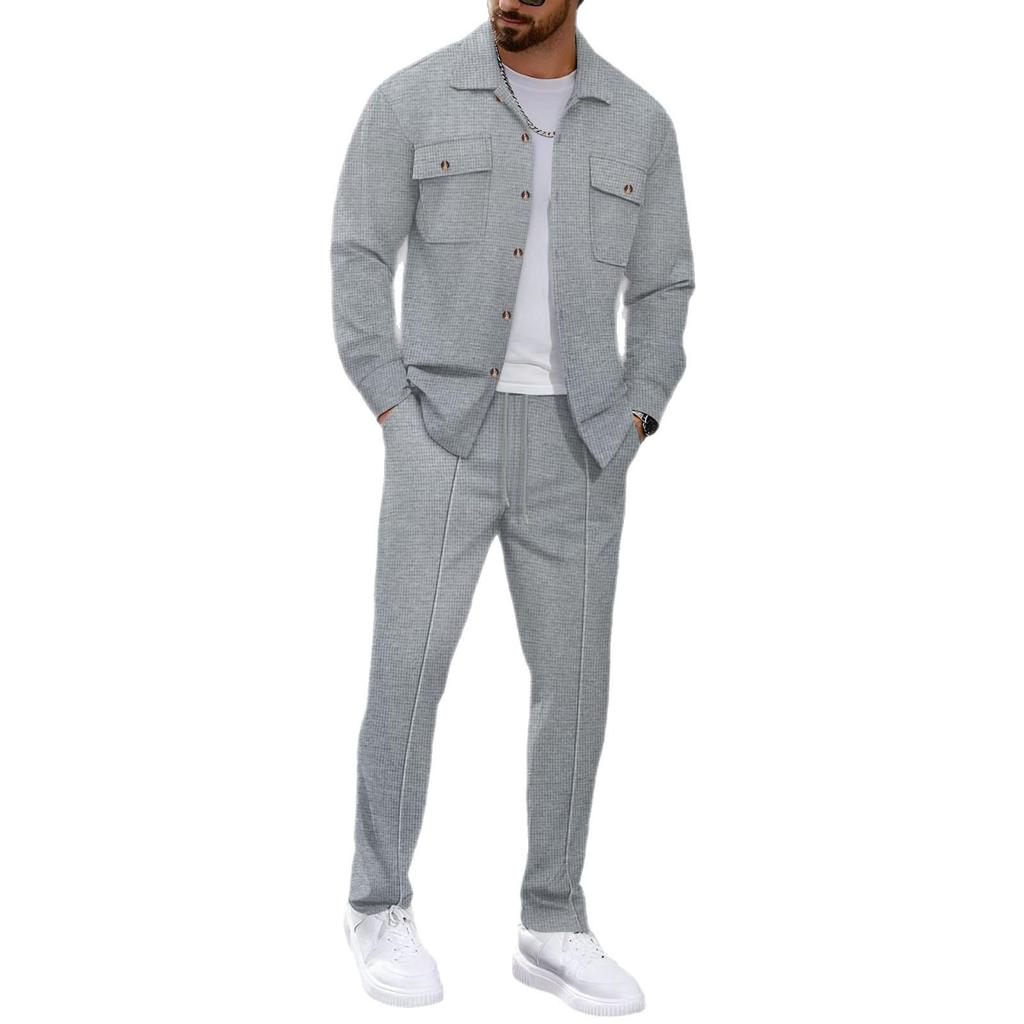 European & American Autumn Waffle Long Sleeve Two-Piece Cardigan Set with Double Pocket.