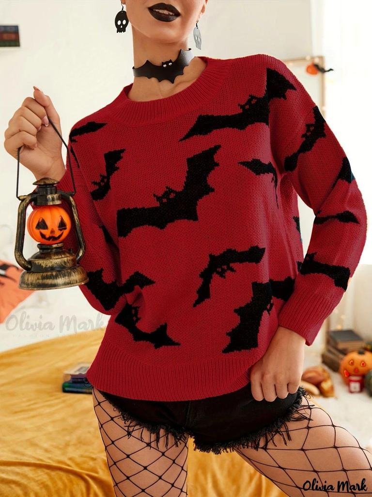 Women's Halloween Jacquard Sweater, Long Sleeve Knitted Top for Autumn/Winter