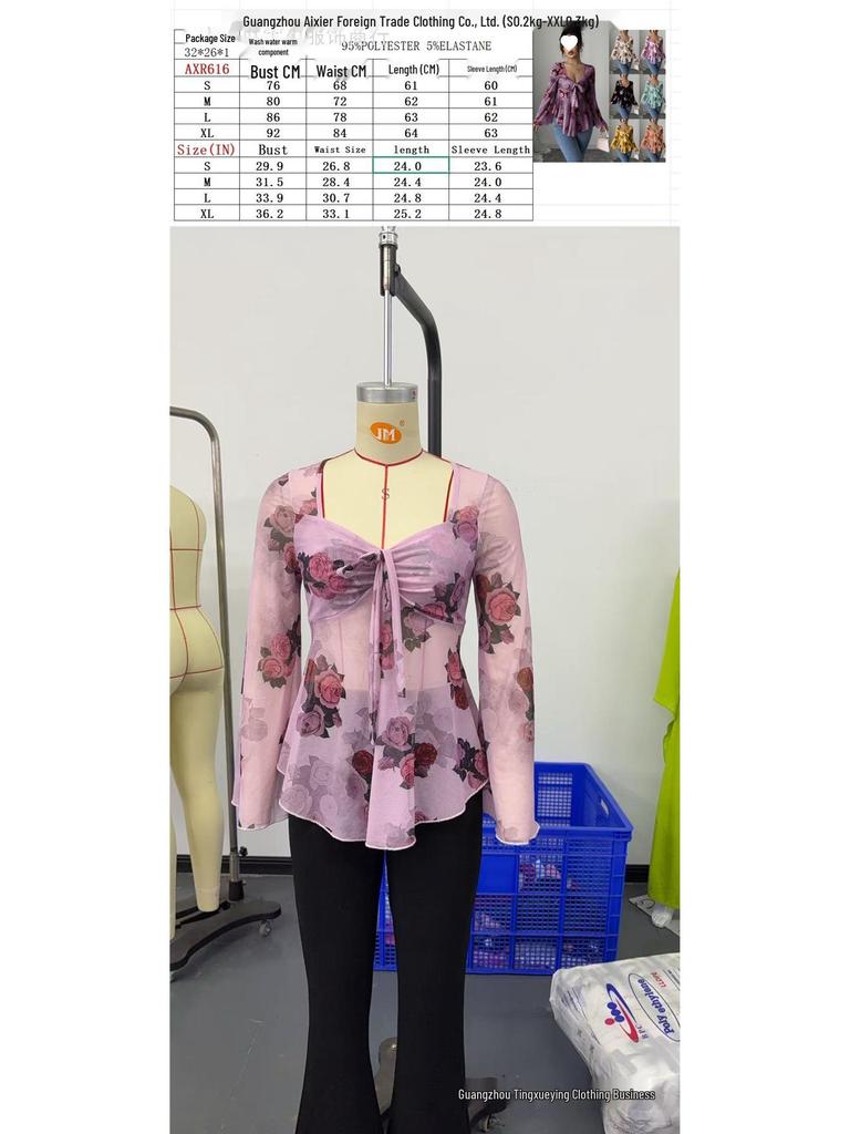 European Floral Gradient Tie-Up Square Neck Long Sleeve Shirt