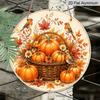 2D Flat, 1pc Round Aluminum Wall Hanging Ornament, Soft Cream Background Wicker Pumpkin Basket Robin Bird Maple Flower Clear Printed Metal Sign, Easy