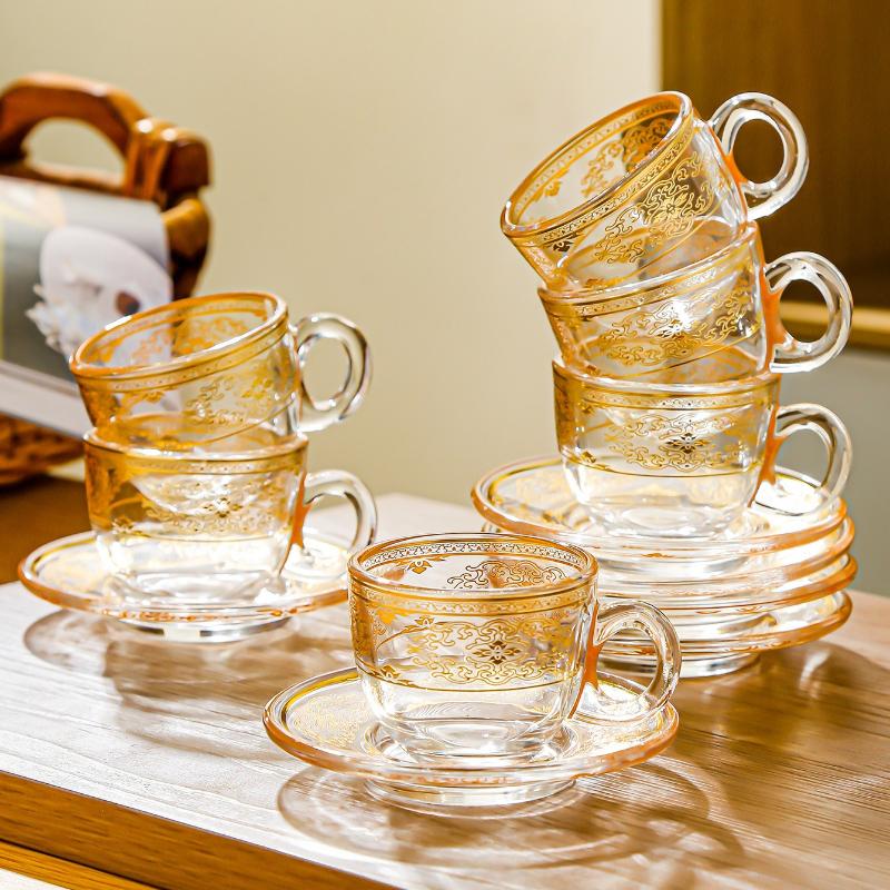 6 Pièces Style Européen Bordure Dorée Mini Tasses à Café en Verre Mug Luxe Léger Set de Tasses à Thé de l'Après-midi Ustensiles de Boisson Ménagers