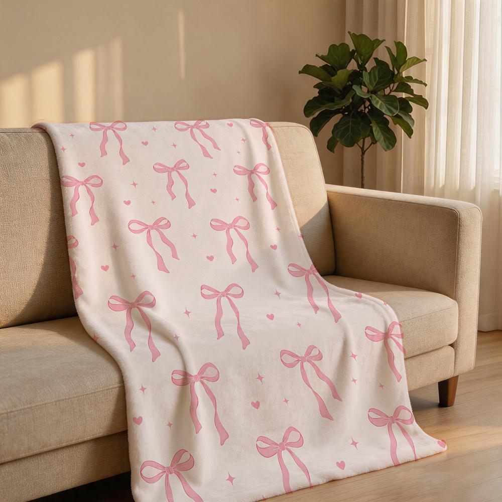 Pink Bow Set Throw Short Plush Throw Blanket Soft Skin-Friendly Multi-Scene Home Office