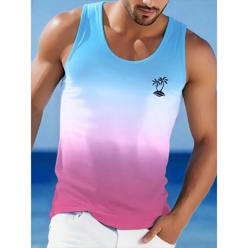 Letní tričko s kulatým výstřihem s 3D gradientním potiskem kokosových palem, módní ležérní havajský styl, pánské tílko bez rukávů